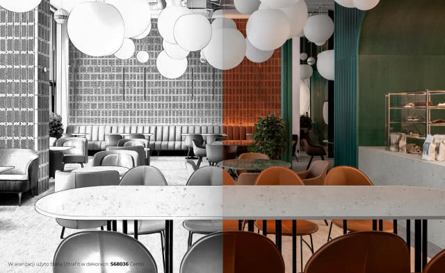 krzesła, stoły, bar, oświetlenie sufitowe