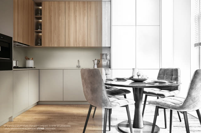 meble kuchenne, okrągły stół z krzesłami, drewniana podłoga