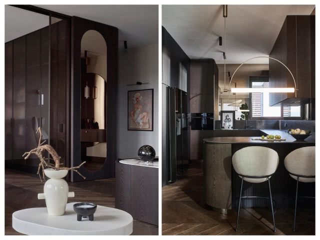 Zabudowa meblowa w ciemny brązowym kolorze