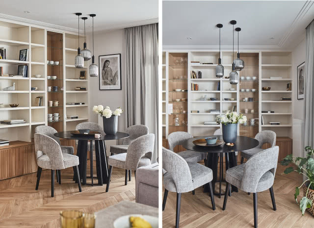 Okrągły stół jadalniany z szarymi krzesłami