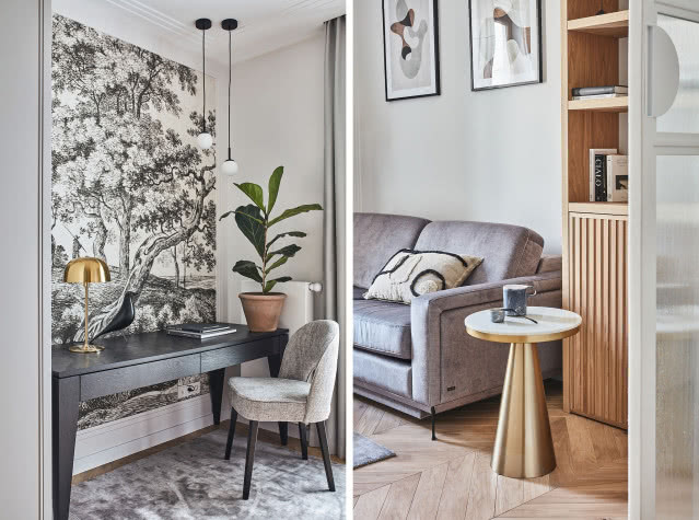 Przytulny gabinet z tapetą na ścianie