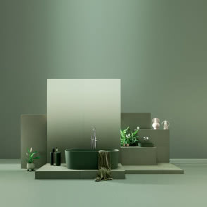 łazienka w kolorze zielonym, zielona wanna wolnostojąca, srebrna bateria wannowa, zielona umywalka nablatowa, stołek, pufa, kosmetyku, ręcznik