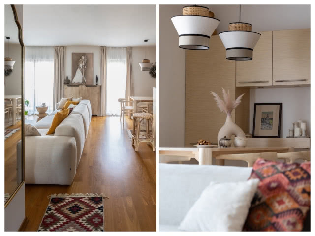 salon z aneksem kuchennym w stylu boho