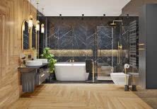 Eleganckie wnętrze łazienek - duże wzorzyste płyty gresowe 