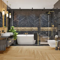 Eleganckie wnętrze łazienek - duże wzorzyste płyty gresowe