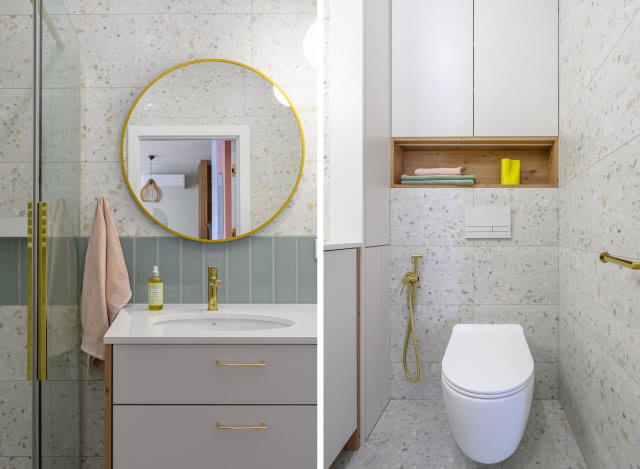 pastelowa łazienka z lastryko