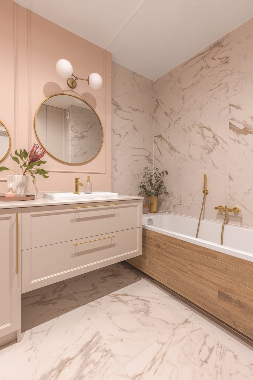 Na ścianie bardzo kobiecej
łazienki położono...