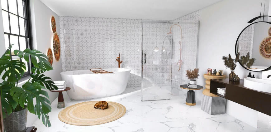 Mozaika szklana Lotus Marble Matowy, wanna wolnostojąca, kabina prysznicowa, deszczownica, okrągły dywanik łazienkowy, okrągłe lustro, umywalka nablatowa,