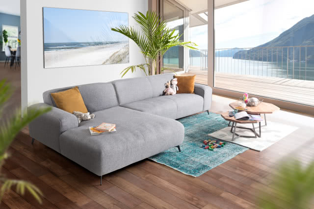 kanapa, dywan, stolik kawowy, książka, obraz, rzeka, góra, palmy, drewniana podłoga