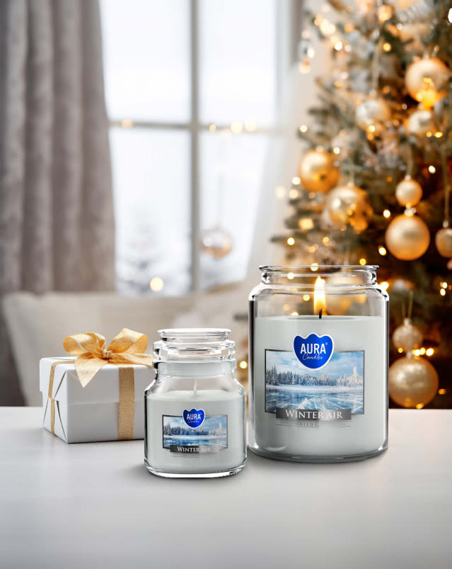 świeca zapachowa Winter Air, prezent, choinka, stół