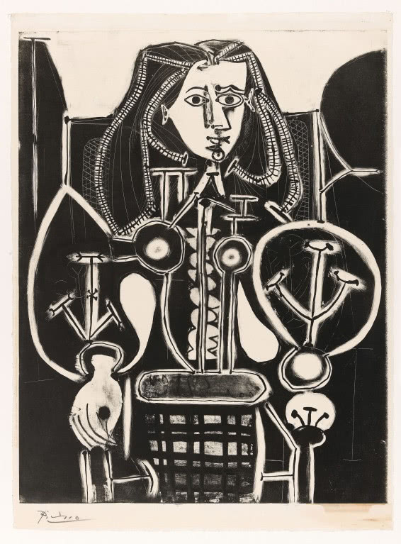 Pablo Picasso, Kobieta w fotelu nr 4, 1949, litografia, papier, Muzeum Narodowe w Warszawie. © Succession Picasso 2023