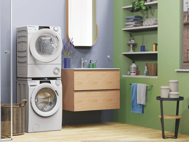 suszarka CANDY, drewniana szafka łazienkowa, pralka, półki, lustro