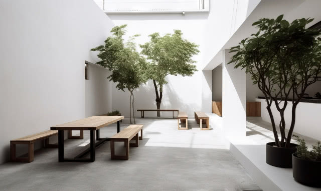 patio, donice z drzewami i ława