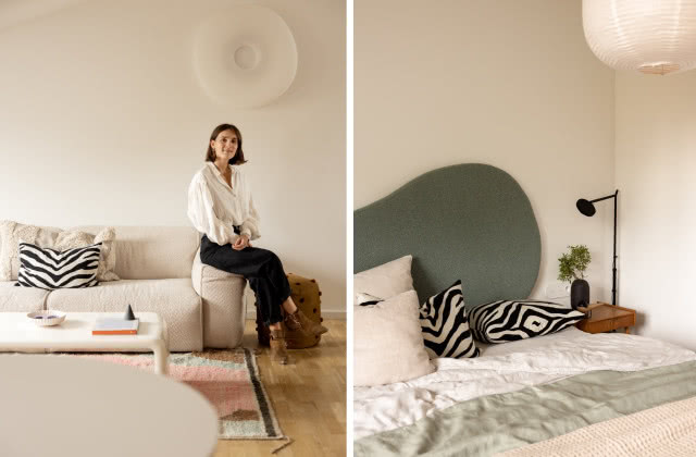 Łóżko w szałwiowym kolorze z zagłówkiem o nieregularnych kształtach