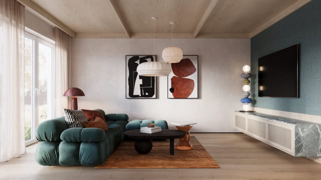 niebieska ściana tv w salonie