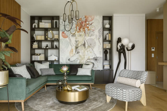 grafika Justyny Stoszek jako tapeta w salonie