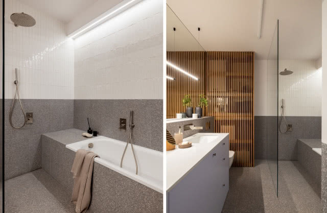 Łazienka z szarym lastryko i drewnem