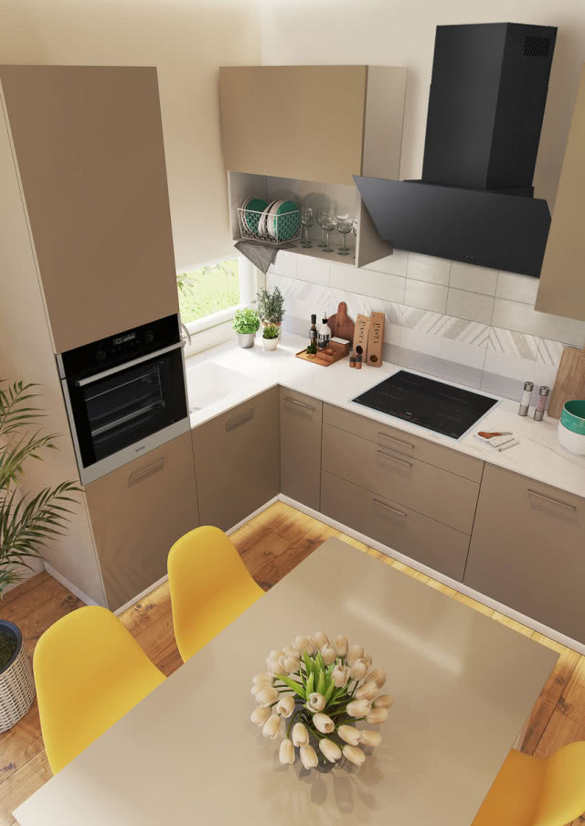 piekarnik, płyta indukcyjna, okap, stół krzesła, tulipany