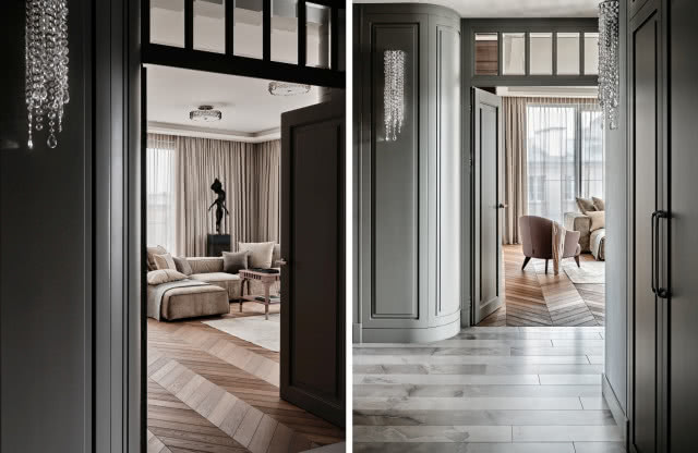 aranżacja przedpokoju w kamienicy z dwuskrzydłowymi drzwiami
