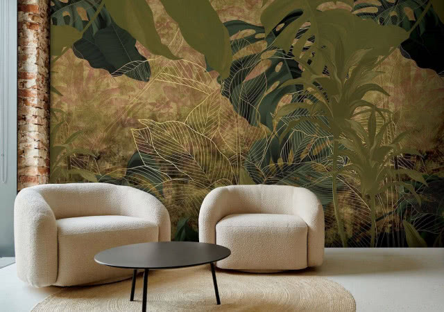 tapeta na ścianie w salonie wzór roślinny