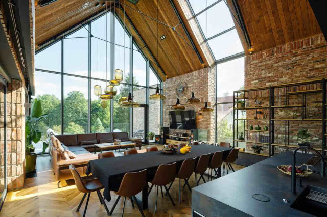 dom okna wysokie loftowy styl