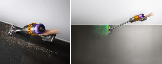 Nowe odkurzacze Dyson V15 Detect i Dyson V12 Slim to pierwsze urządzenia Dyson, których szczotki są wyposażone w laserową technologię wykrywania kurzu.