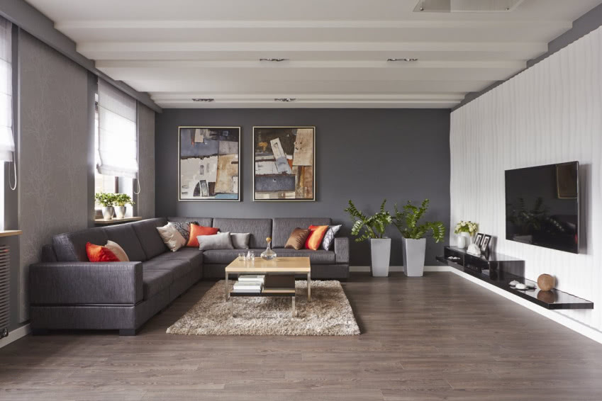 Szare ściany w salonie - ciepła i matowa w głębi...