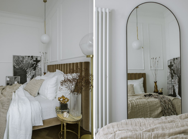 Sypialnia z karmelowym łóżkiem