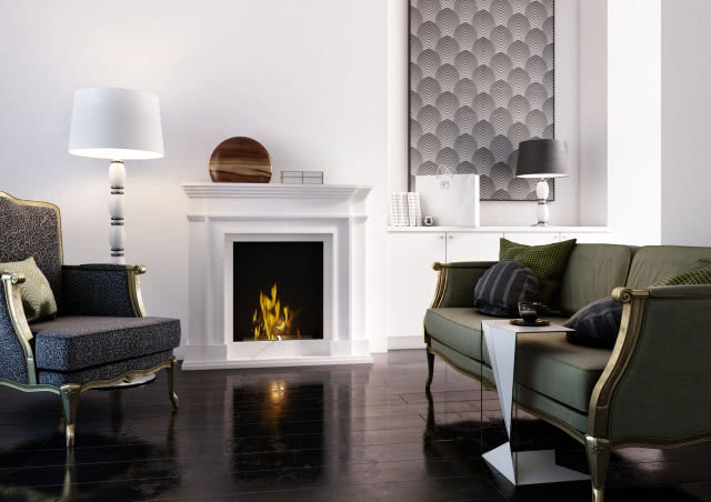 biokominek, ogień, lampa podłogowa, kanapa, fotel, obraz, poduszki ozdobne, książki