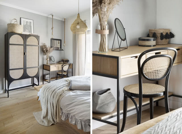 Meble do sypialni z plecionką wiedeńską w kolorze czarnym