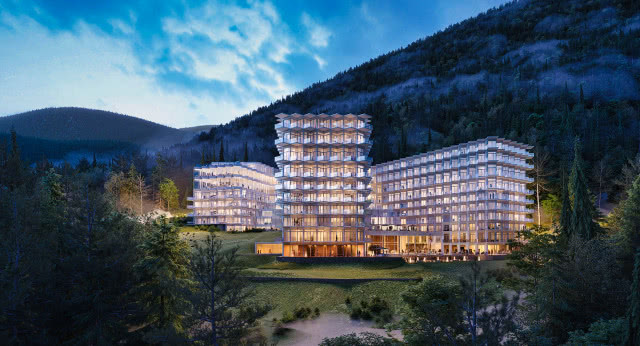 hotel o zmierzchu składający się z trzech ramion