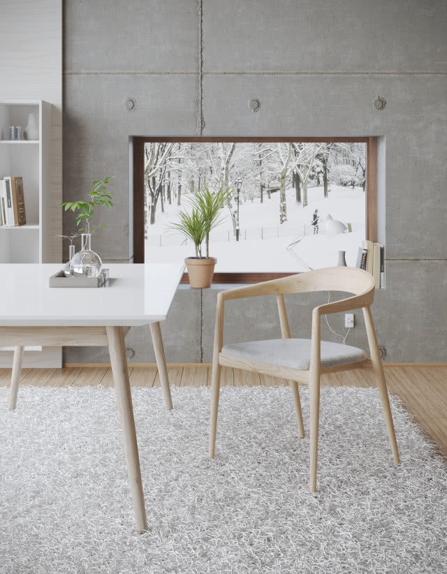 drewniane krzesło, duży stół, telewizor, regał na książki