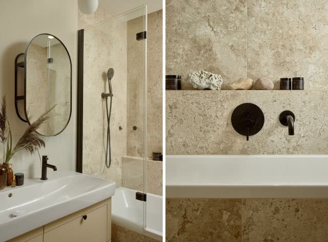 Beżowa łazienka w stylu japandi z kafelkami imitującymi trawertyn