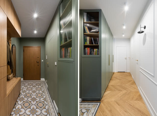Zielone ściany i zabudowa w przedpokoju