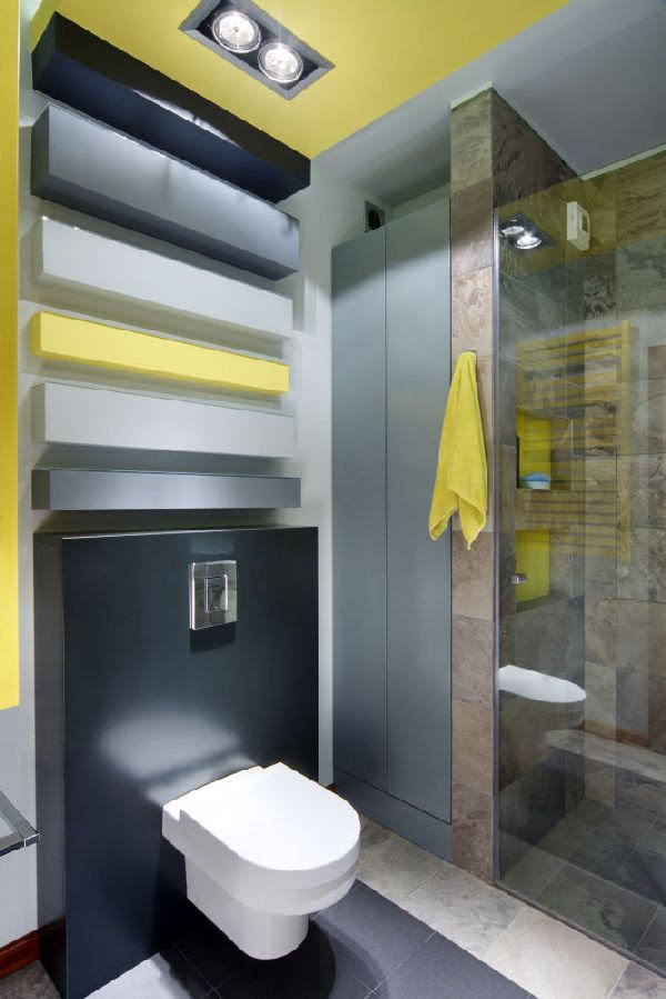 Graficzny projekt łazienki podkreśla zabudowa...