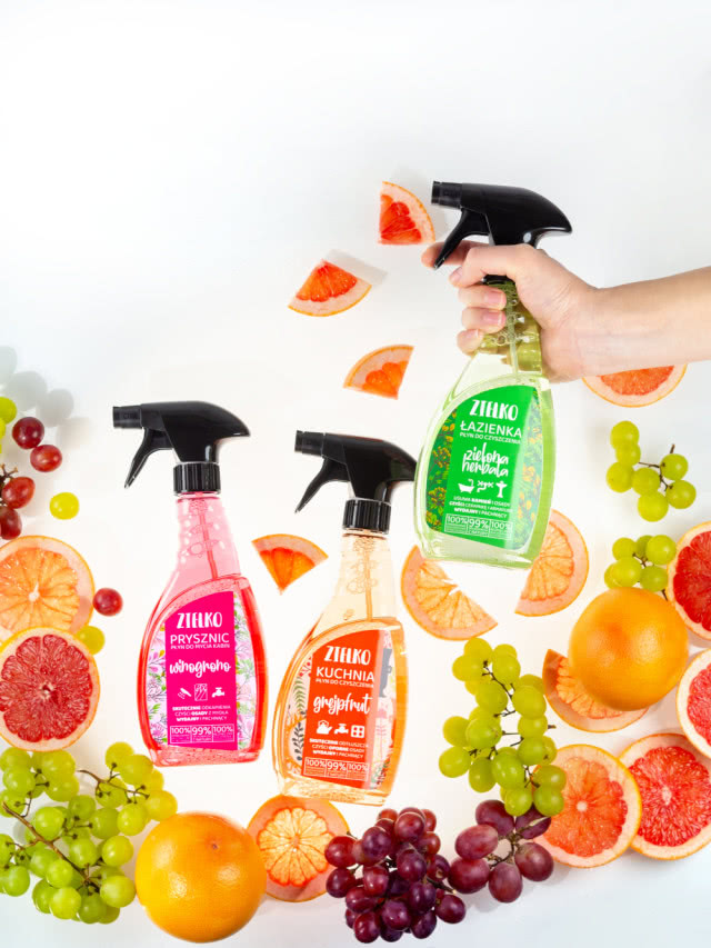 środki czystości Zielko, płyn do łazienki, płyn do czyszczenia prysznica, płyn do czyszczenia kuchni, winogrona, grejpfrut, zielona herbata