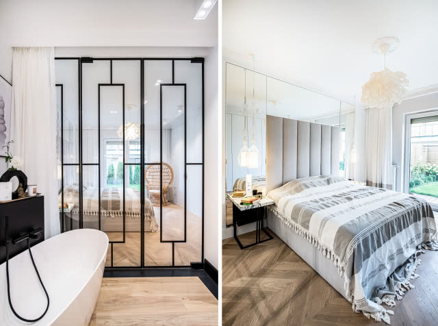 Szklana ścianka oddzielająca łazienkę od sypialni