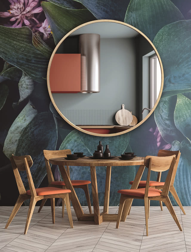 Piękną dekoracją strefy jadalnianej może być imponujące lustro Scandi Wood w wersji XXL