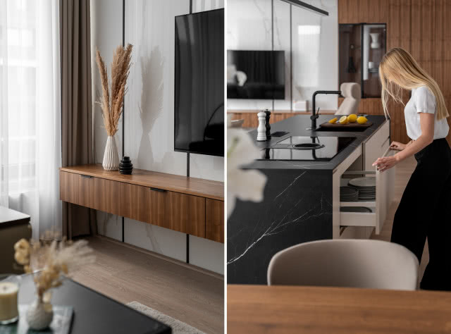 Spieki na blacie w kuchni i ścianie w salonie