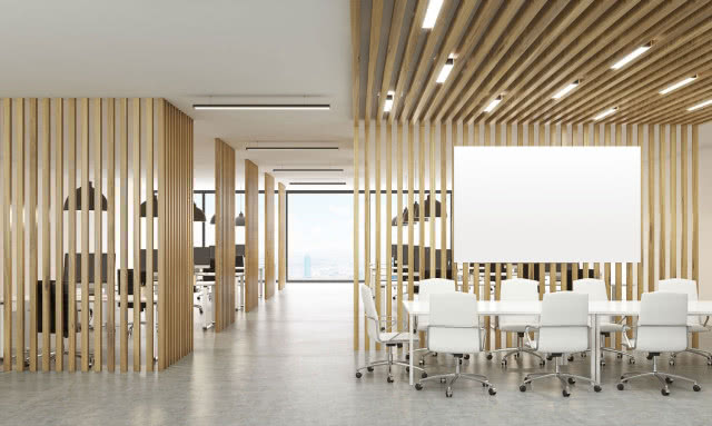 przepierzenie, duże stoły z krzesłami na kółkach, duży ekran do projekcji, biuro, sala konferencyjna