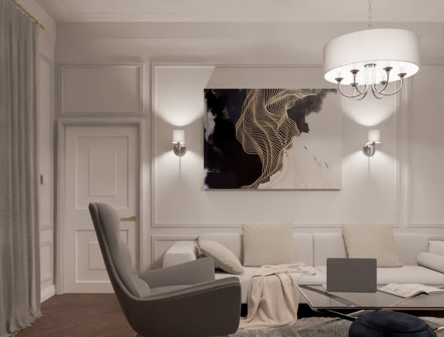 białe drzwi, oświetlenie sufitowe, kinkiety, biala sofa, beżowe poduszki ozdobne, szary fotel, prostokątny stolik, obraz, zasłony, laptop, książka, puf