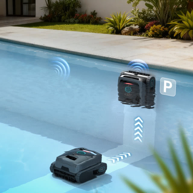 Robot Aiper Scuba V3 czyści basen, wykorzystując kamerę AI i inteligentną nawigację do wykrywania zanieczyszczeń.