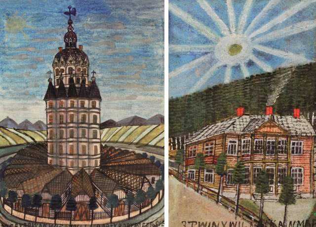 Akwarele Nikifora Krynickiego ze zbiorów MNKi,
po lewej: „Fantazja architektoniczna z wieżą”, ok. 1932,
po prawej: „Pejzaż w słońcu”, ok. 1932.