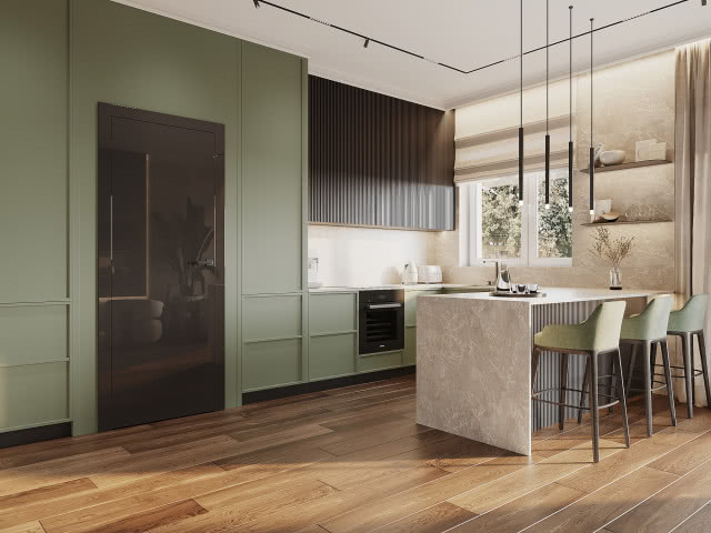 kuchnia new modern z szałwiową zabudową, kamienną wyspą i drzwiami DRE Silia 10 w kolorze bigio połysk