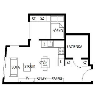 Rzut mieszkania - propozycja przebudowy z podziałem na 2 pokoje