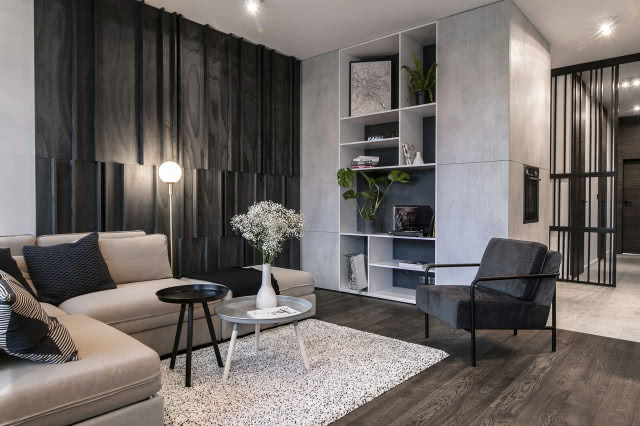 Ciemna sklejka na ścianie w salonie