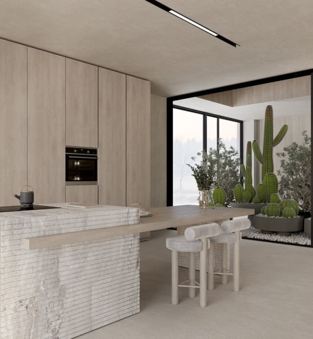jasna kuchnia, surowy kamień na wyspie, kaktusy