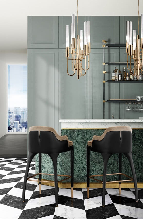 elegancka kuchnia z zielonym marmurem na wyspie
