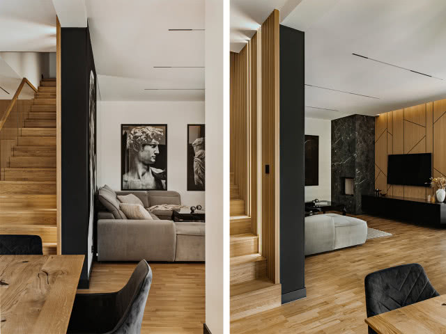 drewniane schody ozdobione lamelami i oświetlenie LED