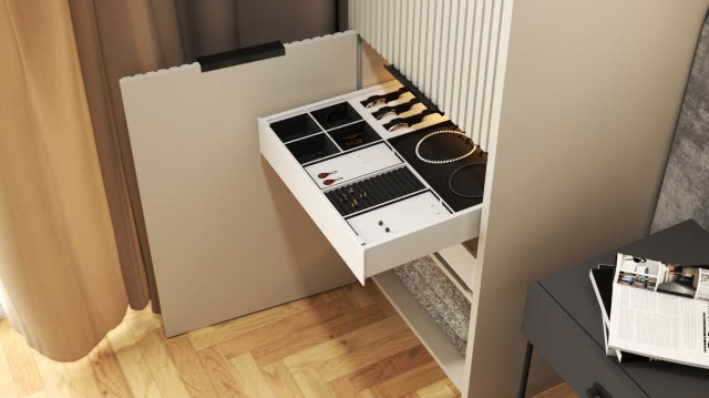 szuflady schowane za frontem/drzwiczkami, jodełka na podłodze, zasłony, czarny stolik, czasopisma